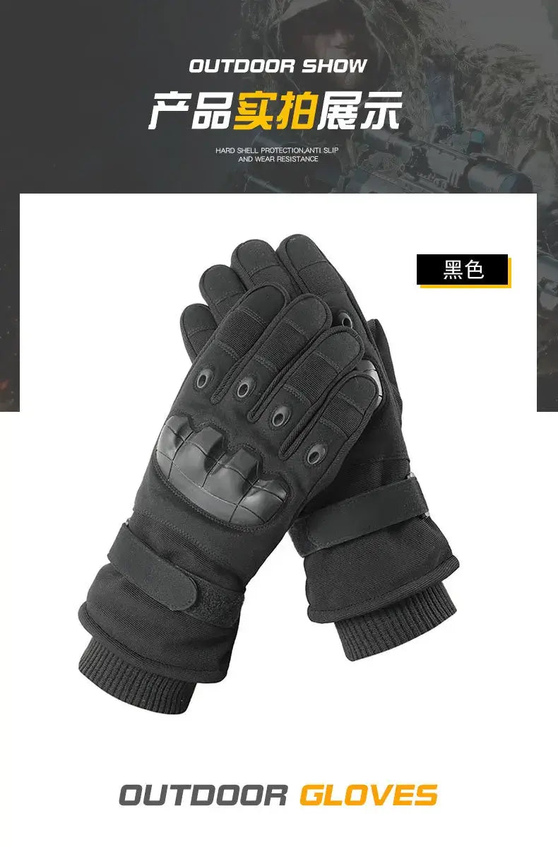 Black winter motorcycle gloves shown from the back with reinforced hard shell knuckle and wrist protection made of durable fabric for thermal windproof riding gear.