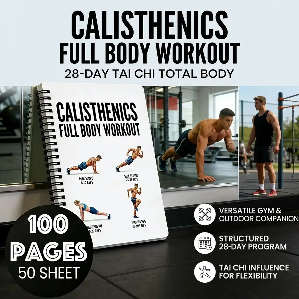 White spiral-bound calisthenics workout journal and fitness planner featuring black text and exercise illustrations for effective workout tracking.