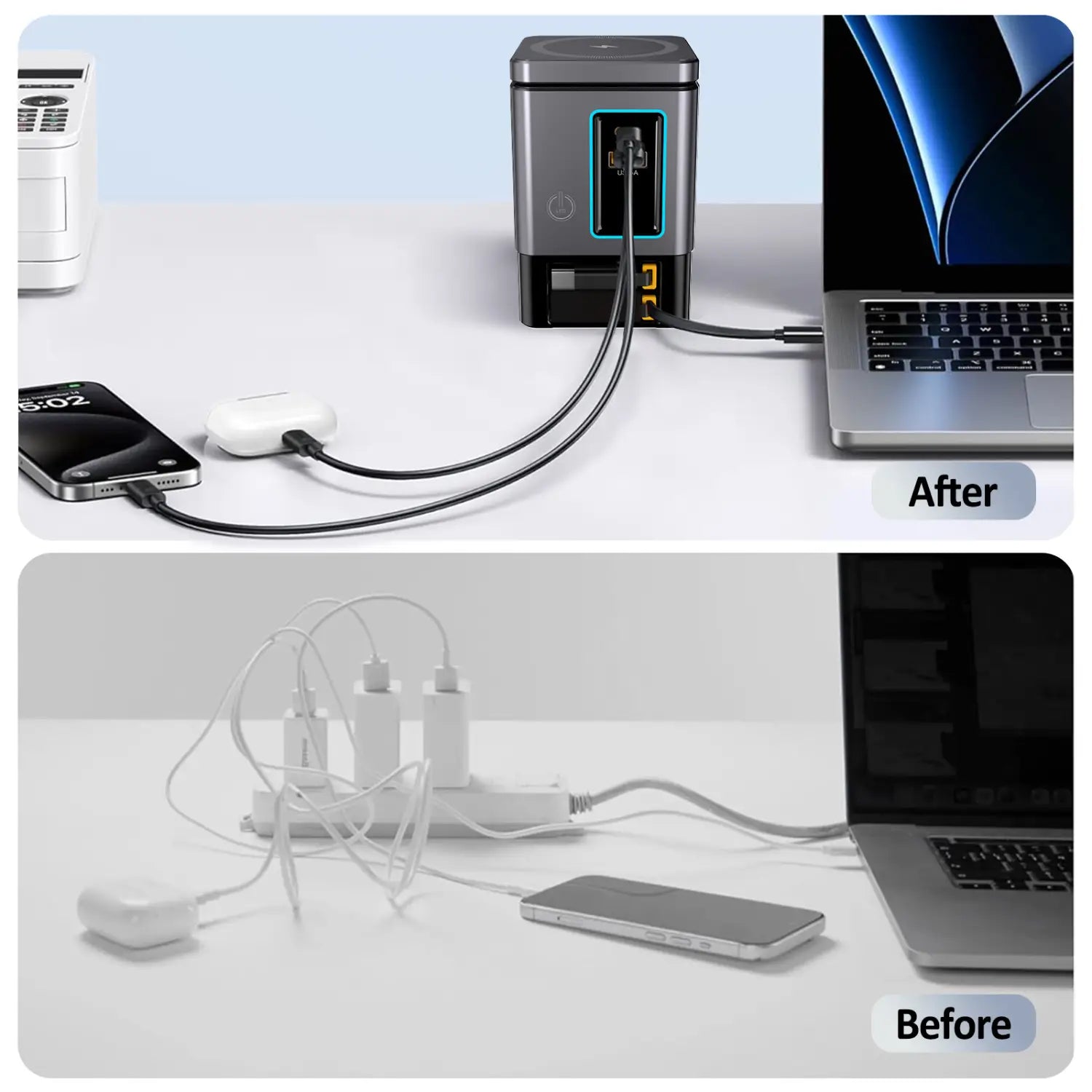 Tour d’alimentation combinée 105 W noir et gris avec câble rétractable et indicateurs à DEL bleus lumineux, offrant plusieurs ports pour une charge polyvalente avec option de câble 65 W