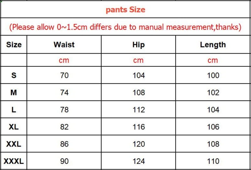 Un tableau affichant les mesures de la taille des pantalons en centimètres pour les pantalons cargo en lin pour hommes, pantalons décontractés amples, dans des tailles allant de S à XXXL, avec des dimensions de tour de taille, tour de hanches et longueur.