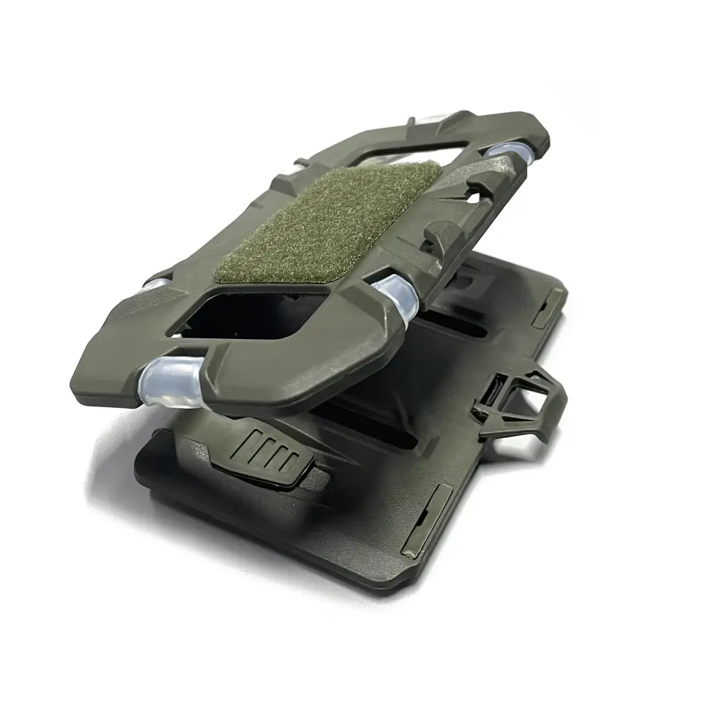 Olive green tactical molle phone navigation board showing the back side with textured grip and clear plastic accents.