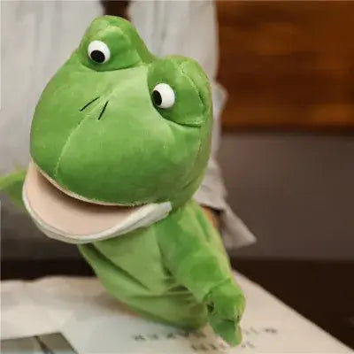 green plush frog hand finger puppet with black button eyes and beige mouth from educational baby toys lion elephant bunny set