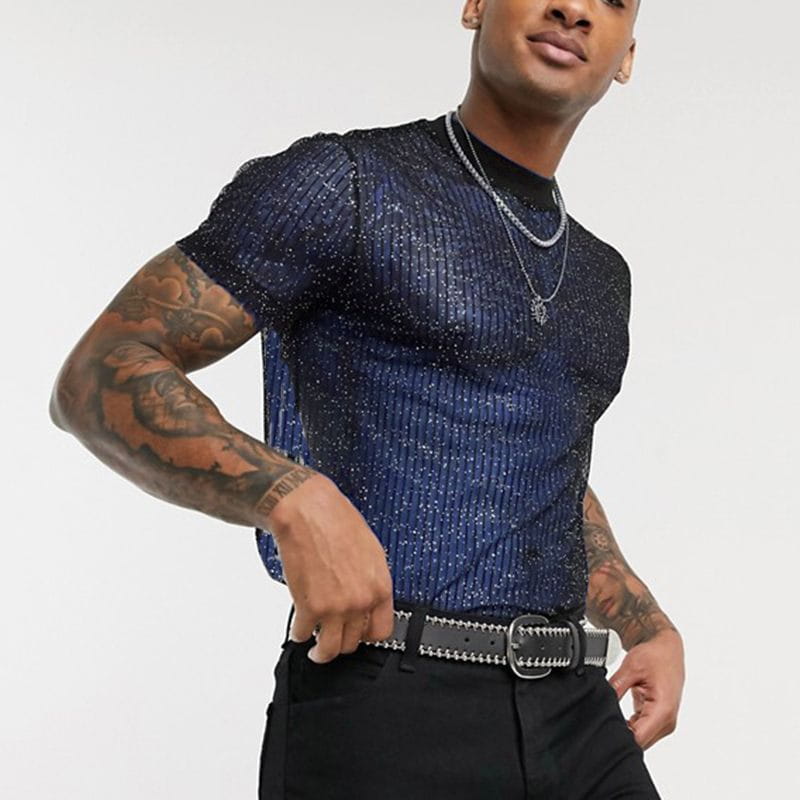 A navy blue men glitter mesh t-shirt featuring a short-sleeved ribbed knit design with a sparkling glitter finish.