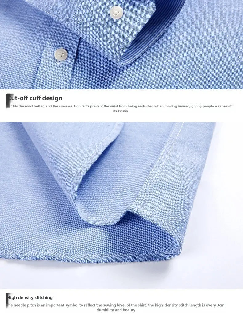 mens light blue oxford shirt casual long sleeve featuring light blue denim fabric with buttoned cuffs and high-density stitching