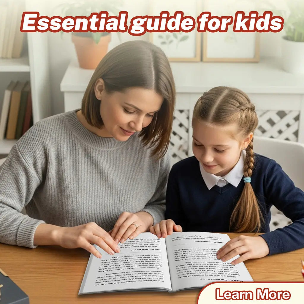 Ein geöffnetes Buch für Kinder mit Lebenskompetenzen mit gedrucktem schwarzem Text auf weißen Seiten mit einem Layout als unverzichtbare Orientierungshilfe für Selbstständigkeit