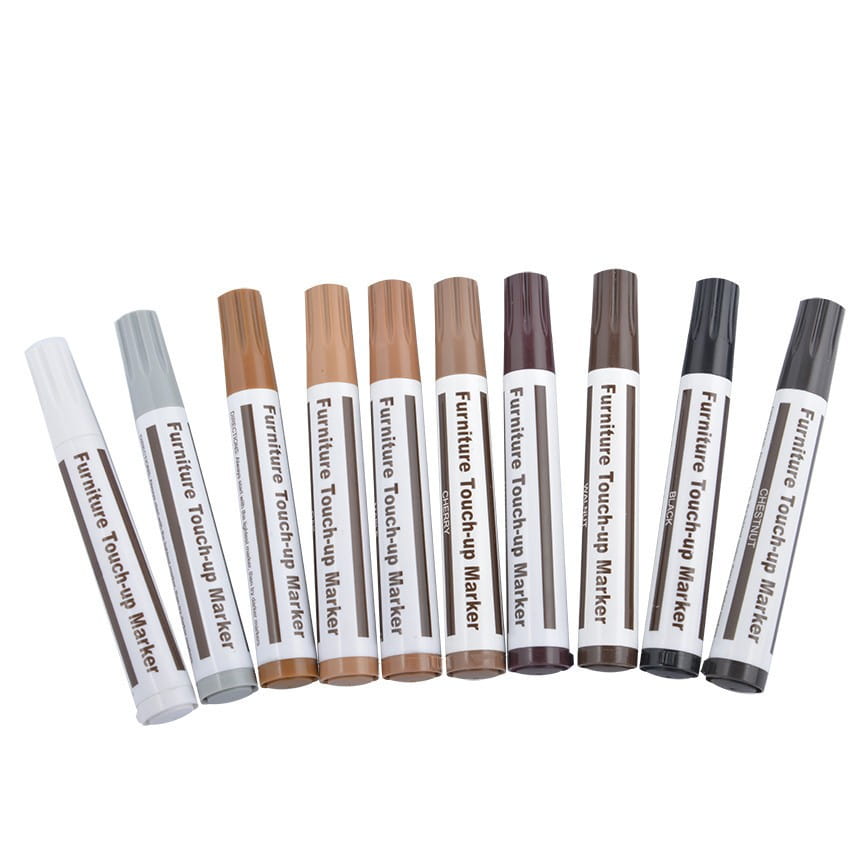 Set aus zehn Möbelreparierstiften in verschiedenen Farben, darunter Weiß, Grau, Beige, Braun und Schwarz, mit beschrifteten Kappen zur Reparatur von Holzkratzern.