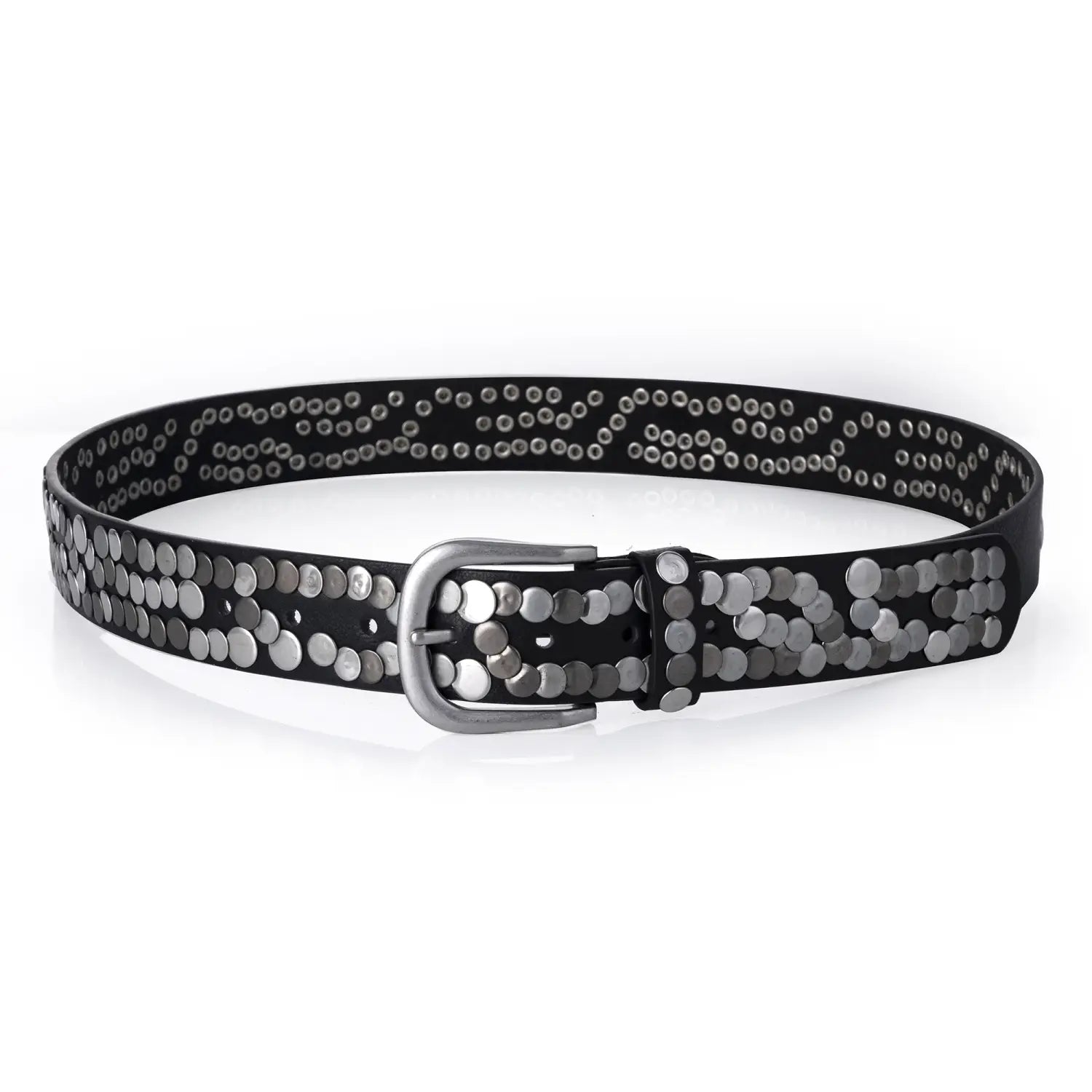 Ceinture punk en cuir noir clouté pour femmes, ornée de clous circulaires à tons argentés et d’une boucle métallique assortie.