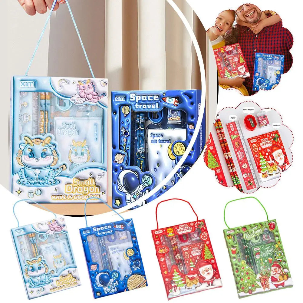 Space theme cartoon kids stationery set featuring blue and white space travel designs in a clear plastic bag with a handle.