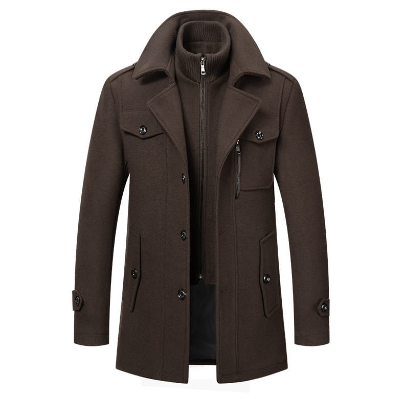 Dunkelbrauner Woll-Trenchcoat für Herren mit hohem Doppelkragen, Vorderknopfverschluss und zwei aufgesetzten Pattentaschen, ideal für Winterbekleidung modname=ckeditor