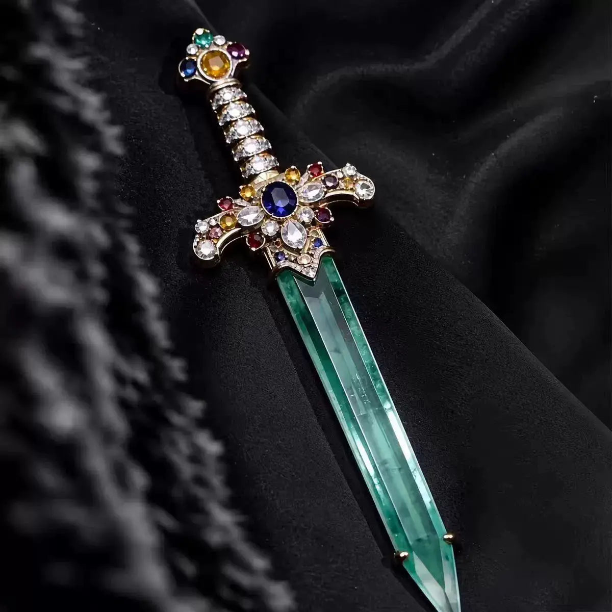 Broche en forme d’épée ornée et étincelante, dotée d’une lame de cristal verte et d’une garde à l’aspect or, rehaussée de pierres précieuses colorées.