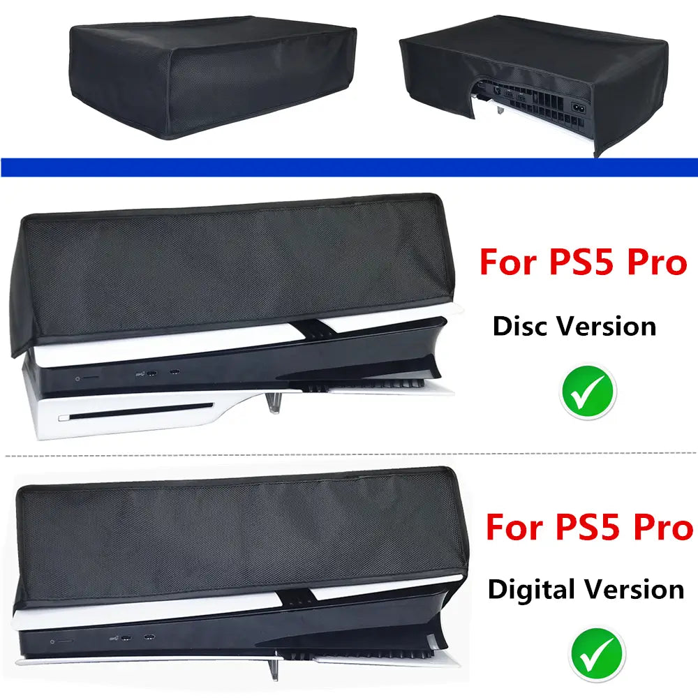 Black ps5 pro console horizontal dust cover made of oxford cloth with a mesh texture and tailored fit for both disc and digital pro console versions.