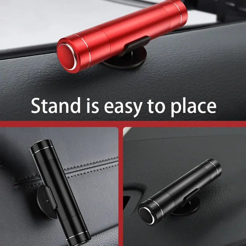 Martillo de emergencia cilíndrico rojo y negro para automóvil con rompecristales y cortador del cinturón de seguridad, de acabado metálico elegante, diseñado para montaje en el tablero.