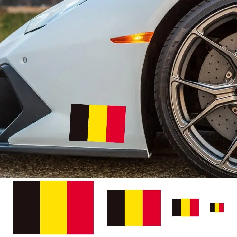 Black yellow and red vertical-striped Belgian flag PVC waterproof decal adhered to the white side panel of a sports car.