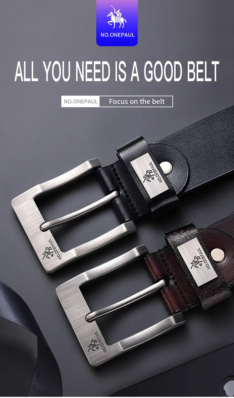 Ceinture en cuir noir avec boucle à ardillon en métal à la finition argentée brossée, présentant le logo no.onepaul pour hommes, sangle de luxe vintage.
