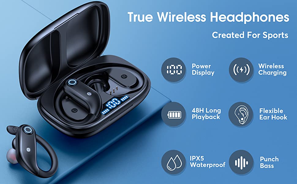 black true wireless earbuds with flexible ear hooks and a matching charging case featuring an led power display for wireless charging gli auricolari