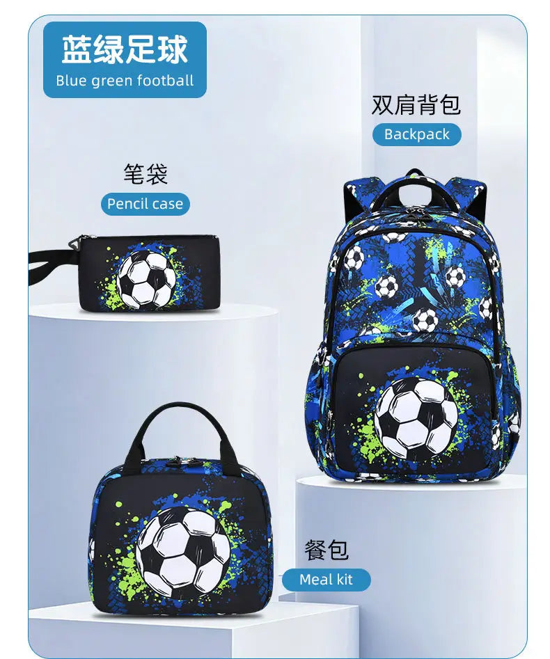 Blaues und schwarzes Jungen-Fußball-Schulrucksack-Set mit grünem Spritzlack-Design und fußballbezogenem Thema für den Schulgebrauch