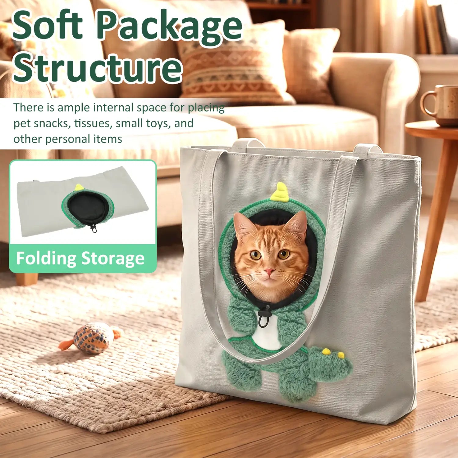 Sac de voyage en toile grise claire pour petits chiens, avec une conception ludique de costume de dinosaure en peluche vert et un chat orange qui se montre, muni d’une boucle de sécurité.
