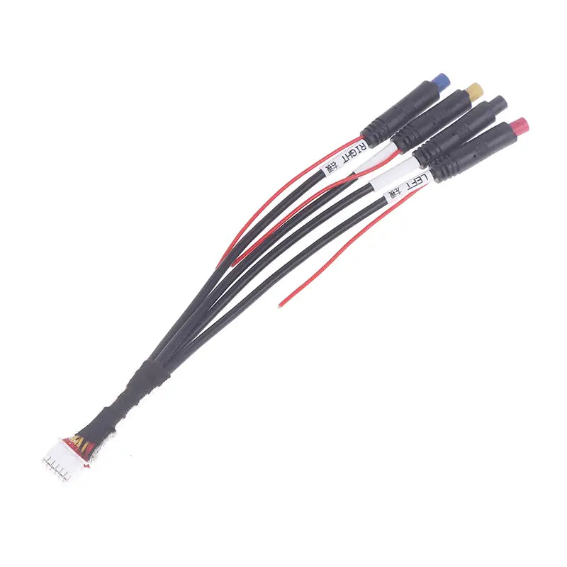 Cable multipar negro de 12 pines para cámaras de salpicadero de radios Android, con conectores codificados por colores etiquetados como izquierda y derecha, y un conector blanco al final