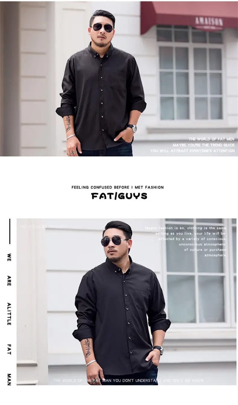 Chemise habillée pour hommes, grande taille, noire, manches longues, avec col classique et manches retroussées, adaptée à une tenue de travail formelle