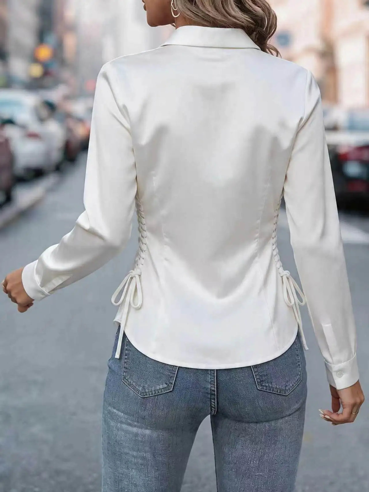 Women Satin Blouse Long Sleeve Turn Down Collar Side Drawstring Ruched Slim Fit Office Casual White Formal Shirt Elegant