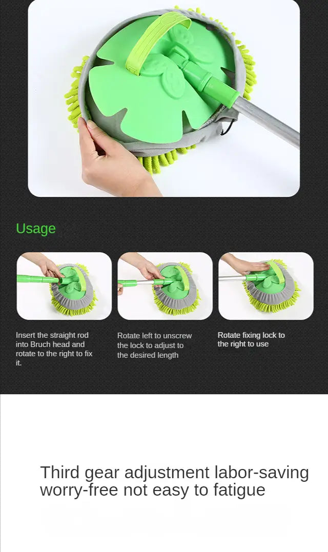 Cabezal de fregona de microfibra verde y gris con un diseño con forma de hoja para la fregona telescópica para lavado de coches y el cepillo de microfibra desmontable.