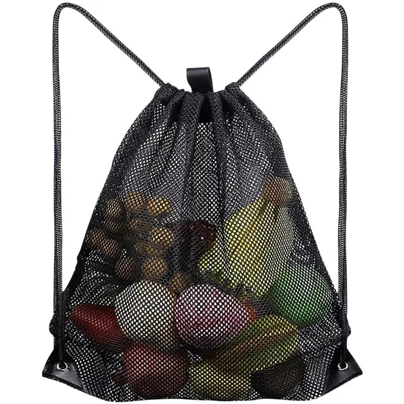 Mesh Drawstring Bag Backpack Black Mesh Bags Heavy Duty Soccer Ball Net Bag Equipment Bag For Gym Beach Swimming Gears