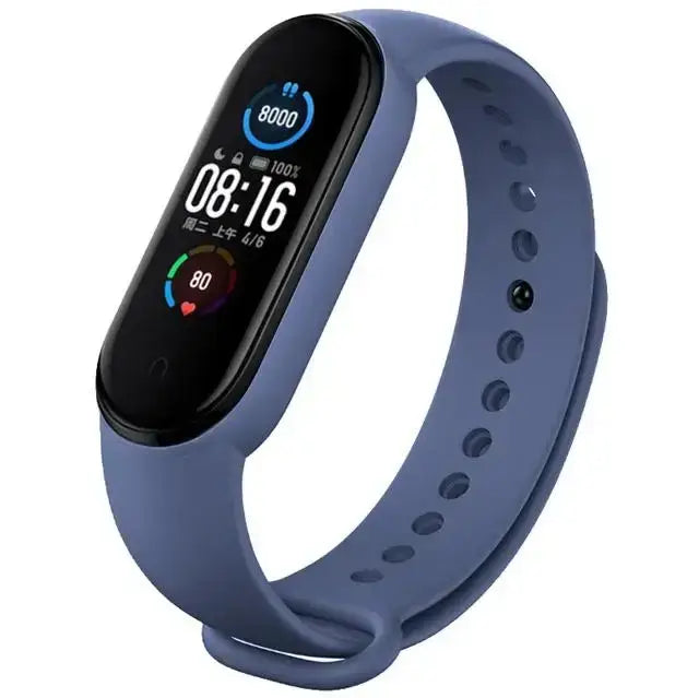 Blue xiaomi mi band wristband silicone bracelet with a black rectangular screen displaying time steps and heart rate as a silicone bracelet wrist fitness tracker.