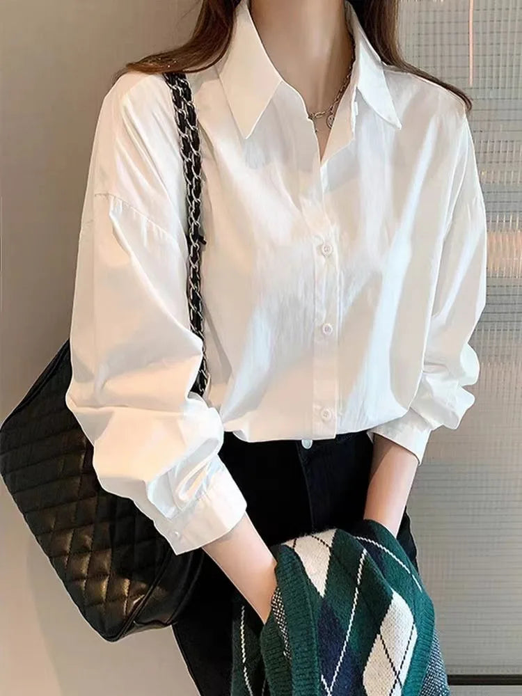Women's White Long Sleeve Basic Shirt Versatile Vintage Uniform Blouse Casual Office Workwear Inner Wear