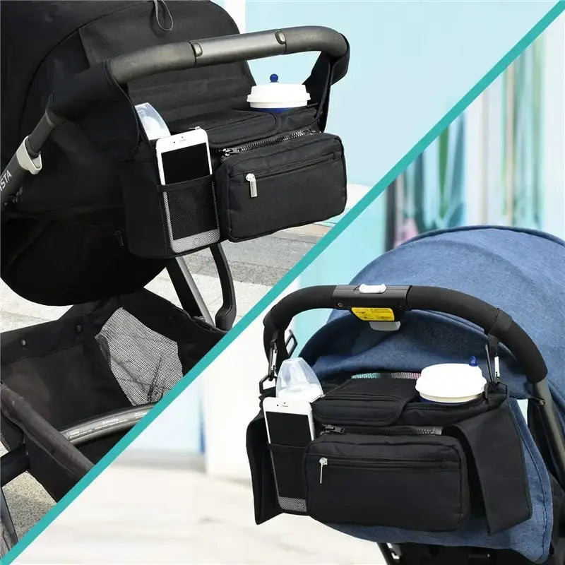 schwarze Babywagen-Organizer-Tasche, hohe Kapazität, mit mehreren Taschen und Reißverschlüssen, ausgelegt zur Aufbewahrung von Telefon, Wasserflasche und weiteren wichtigen Utensilien