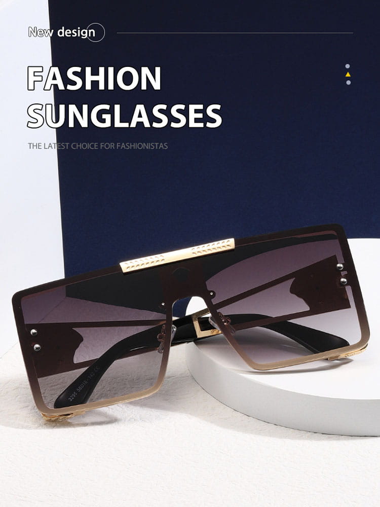 Polarized oversized metal sunglasses for adults featuring black and gold rectangular frames with gradient lenses.