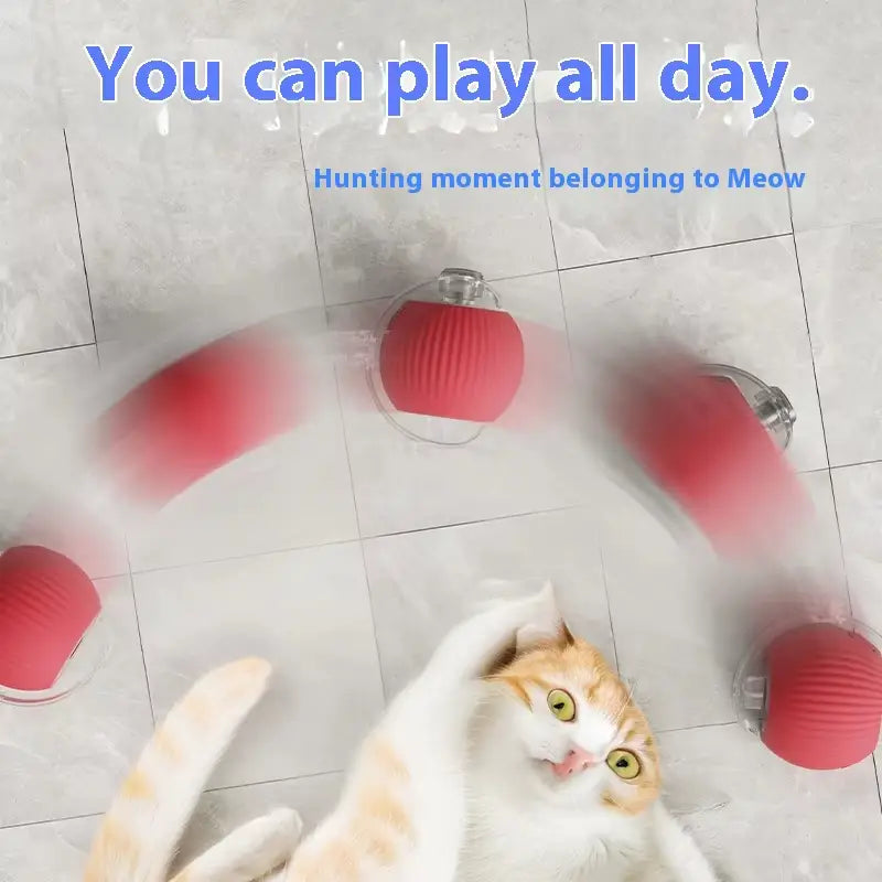 Smart ball interactive automatic rolling pet toy is a red spherical cat toy with a textured surface and metallic attachment points featuring an indicator light stays for enhanced play experience.