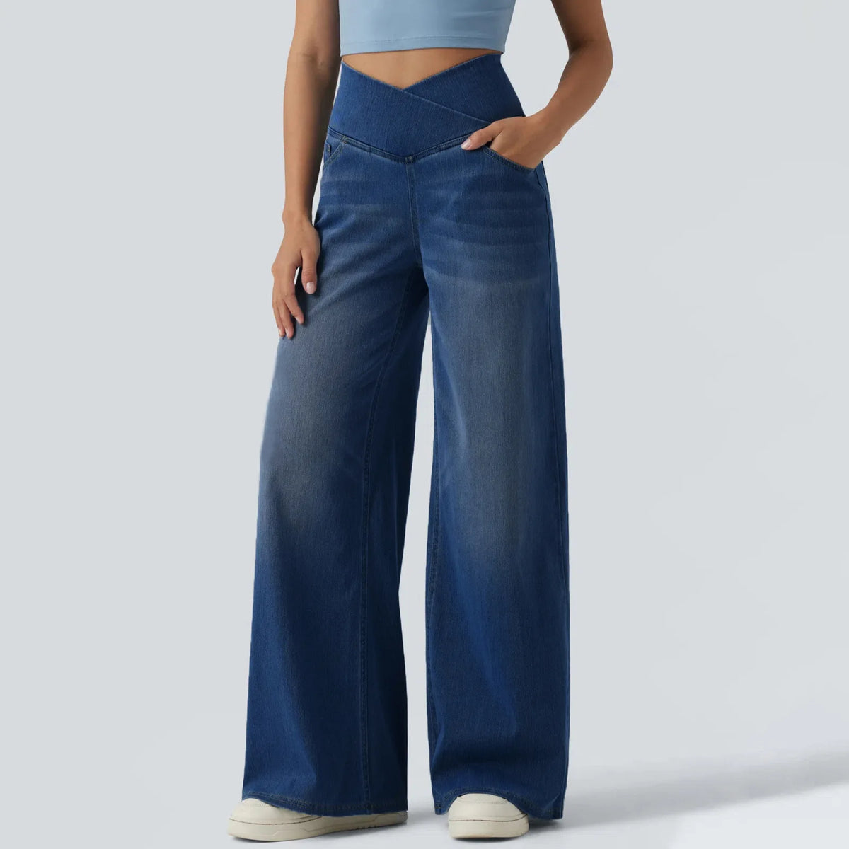 Fashion Women Cross V High Waist Washed Denim Wide Leg Pants Elastic Soft Jeans Casual Daily Loose Full Length Stretch Trousers
