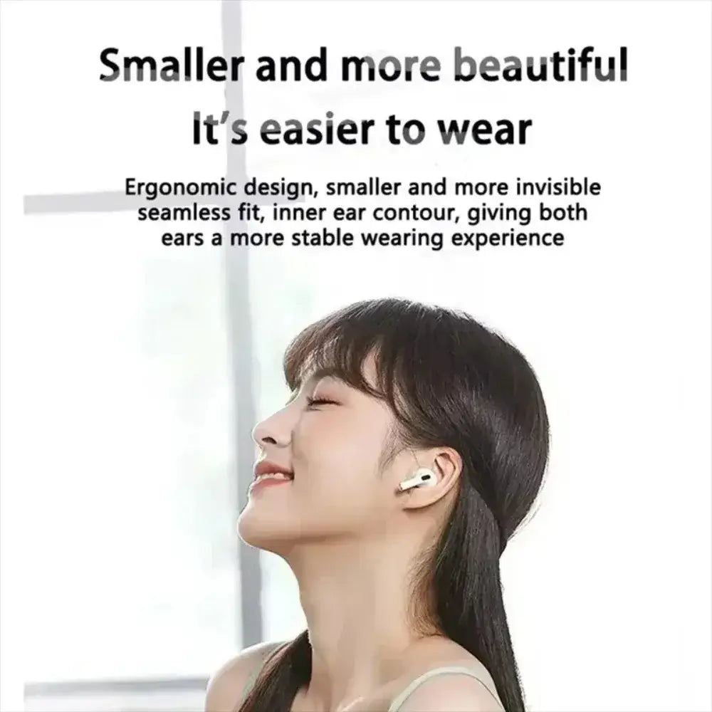 Écouteur sans fil Bluetooth blanc avec suppression active du bruit et conception ergonomique sans couture, pour un port confortable et quasiment invisible.