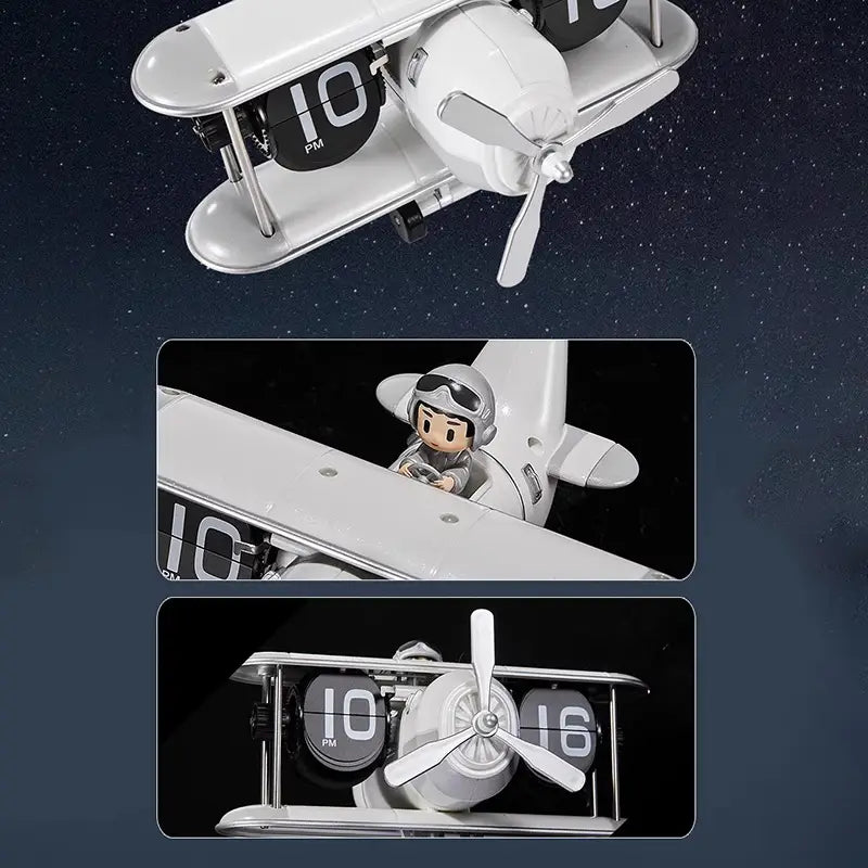 White biplane-shaped desk clock with a silver propeller and black flip display showing the time designed as vintage table decor.