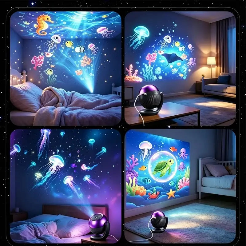 Purple spherical led projector light with black base casting colorful underwater scenes onto walls featuring kids gift patterns and timer function.