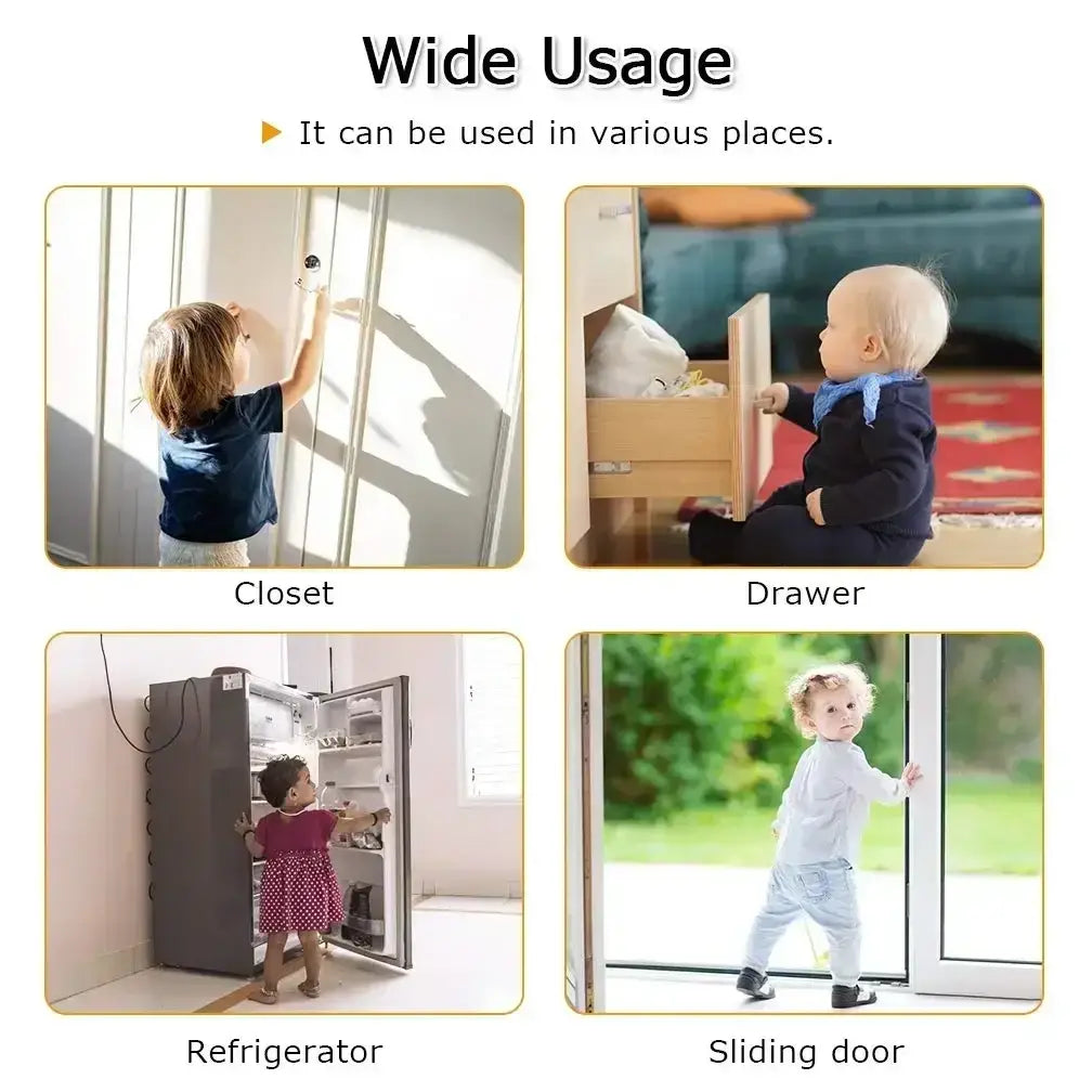 A child safety refrigerator and cabinet lock strap in beige securing various doors including a closet door, drawer front, refrigerator door, and sliding glass door to prevent access by children.