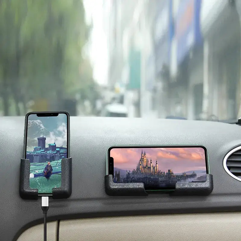 Soporte para teléfono móvil de coche negro con textura, con dos ranuras para teléfonos inteligentes y cargador USB para uso en el vehículo