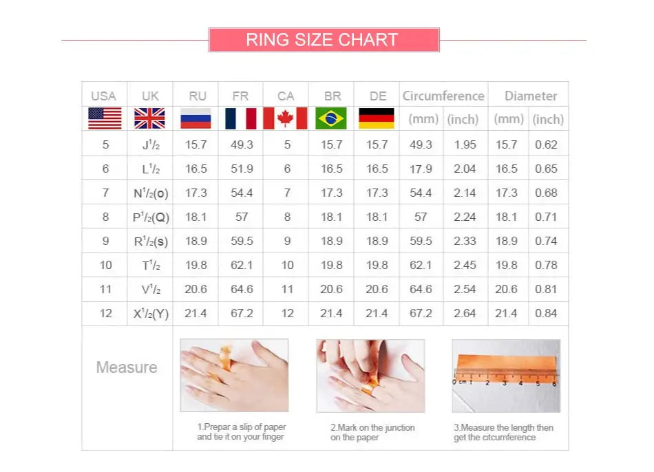 ring size chart displaying international measurements with illustrated instructions for measuring finger circumference for a high quality sterling silver ring minimalist starburst band size 5-11