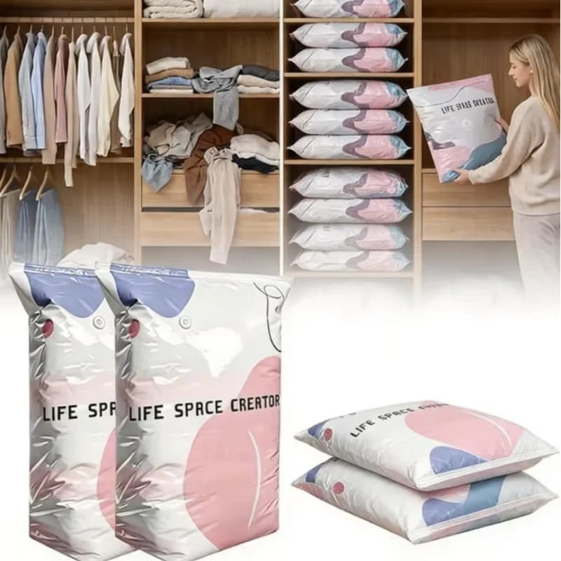 Große Vakuum-Aufbewahrungsbeutel für Kleidung und Quilts mit abstraktem Muster in Rosa und Blau sowie Branding der Life Space Creator.