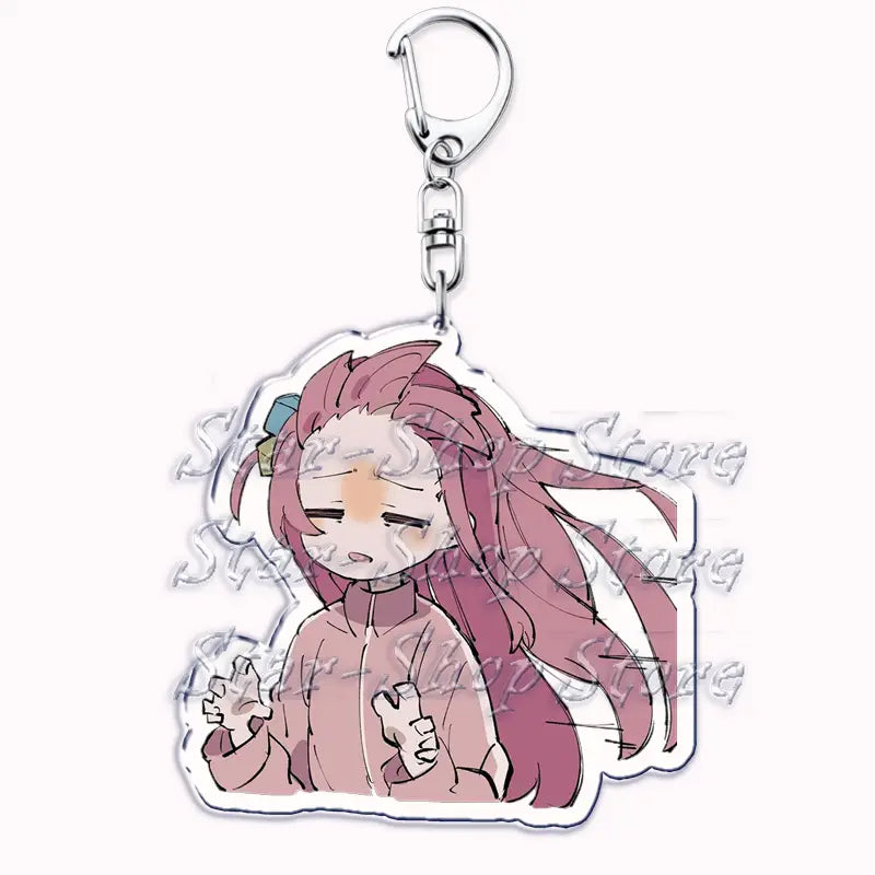 Pink-haired anime character acrylic keychain from Bocchi the Rock with a transparent body and silver metal clip.