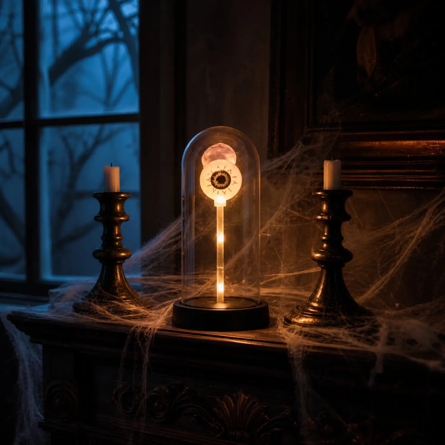 A glowing eye-shaped halloween lights decorations lamp encased in a clear glass dome.