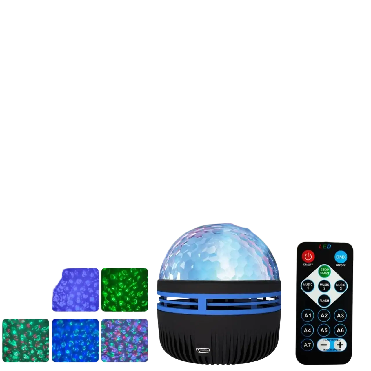 ein rotierender Nordlichter-Projektor mit Fernbedienung, der blaue und schwarze LED-Disco-Ball-Lichteffekte anzeigt, mit Fernbedienung vor einem weißen Hintergrund
