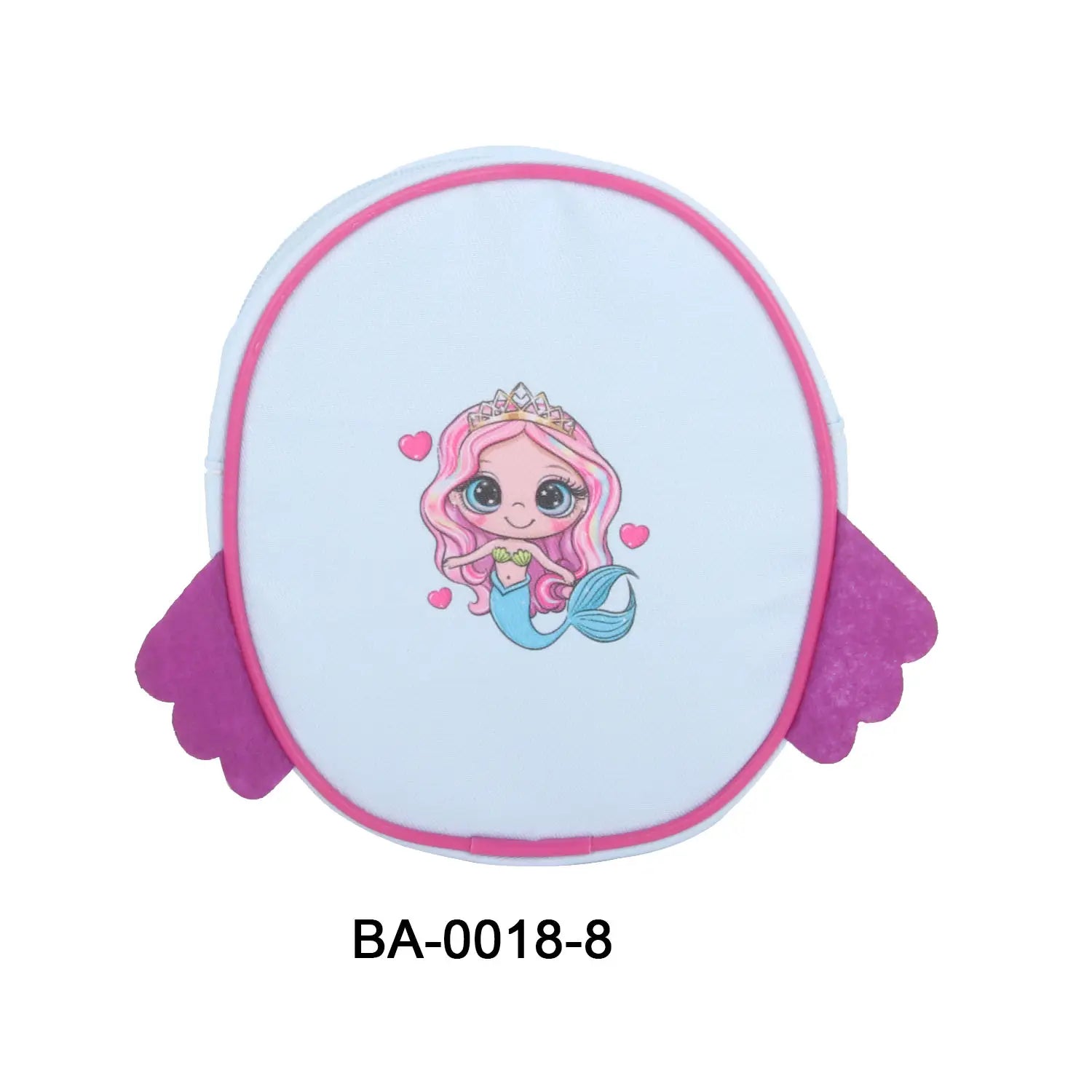 Sac à dos de poupée, accessoire mini de sac de voyage en dessin animé, en matériau peluche, façonné comme une pochette de sirène rose et blanche, avec des accents d’ailes violettes.