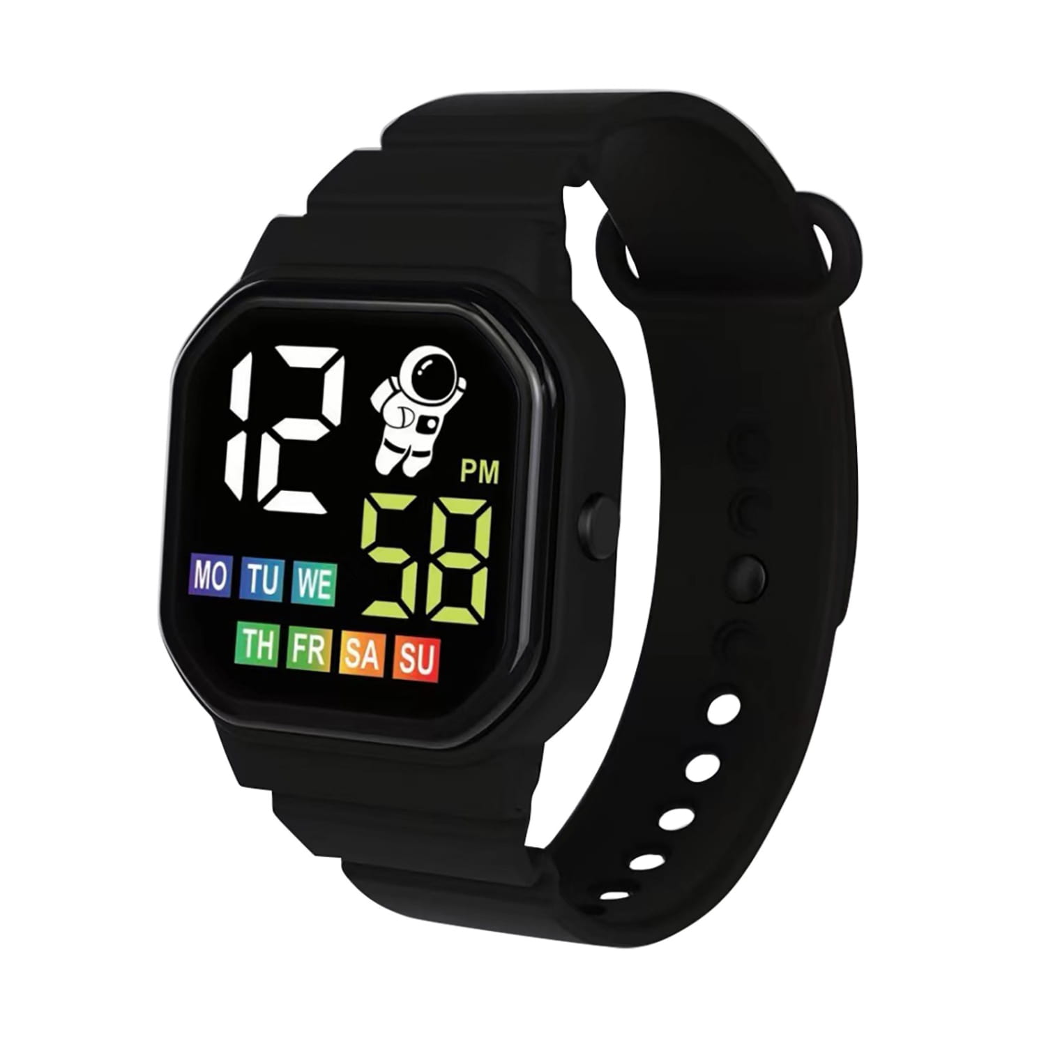 Black kids astronaut led digital watch featuring an astronaut graphic on the display with a white silicone strap.