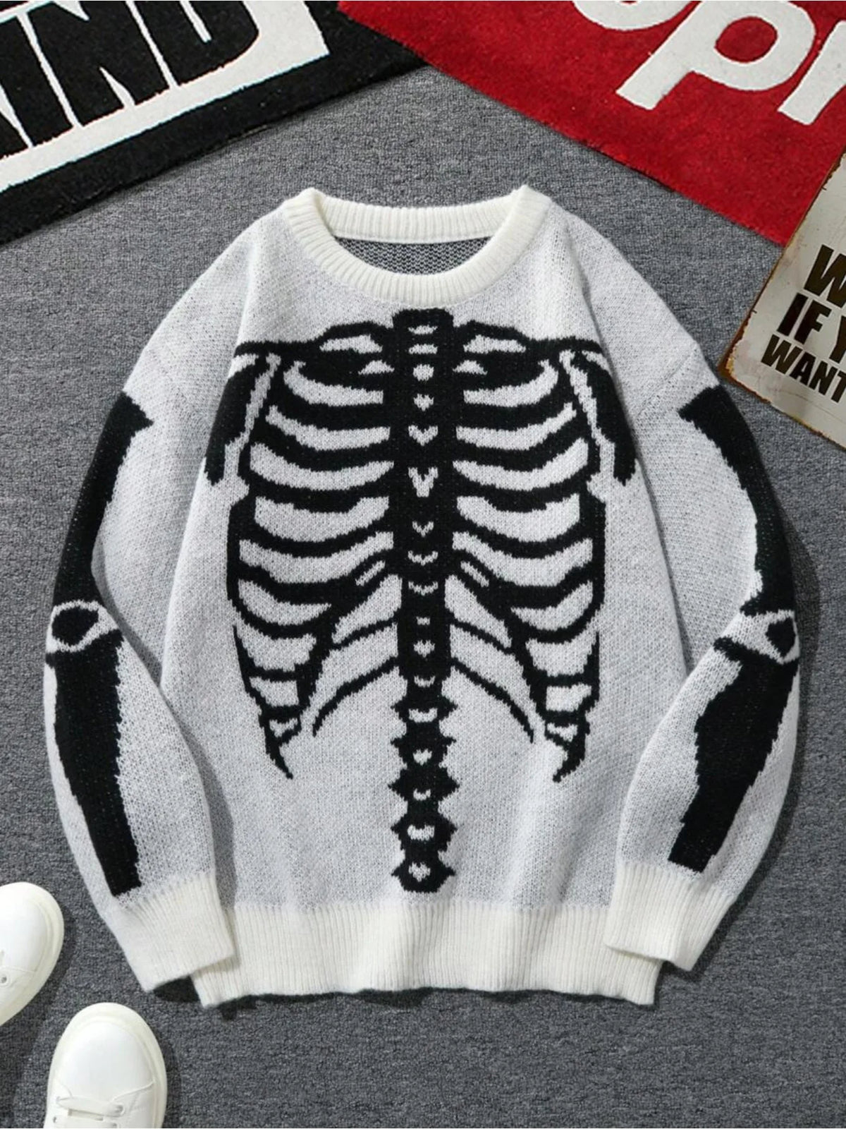 Men Crew Neck Knitted Sweater, Vintage Skeleton Ribcage Jacquard Loose Long Sleeve Gothic Streetwear Pullover Jumper