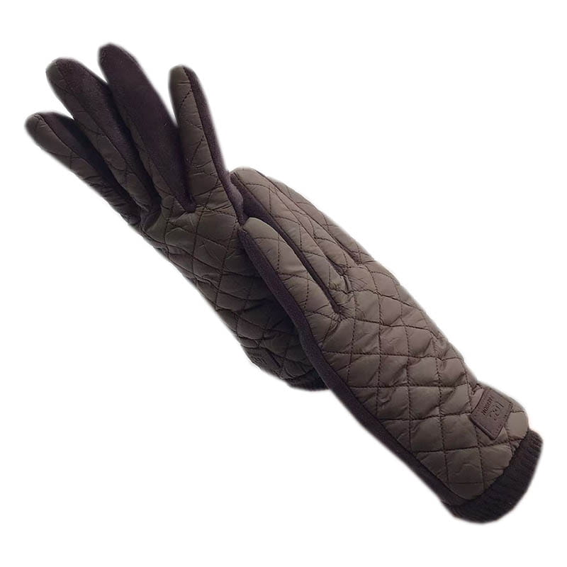 Gants d’hiver pour femmes en écran tactile thermiques matelassés brun foncé, avec motif piqué en losanges et poignets côtelés, présentés du côté arrière.
