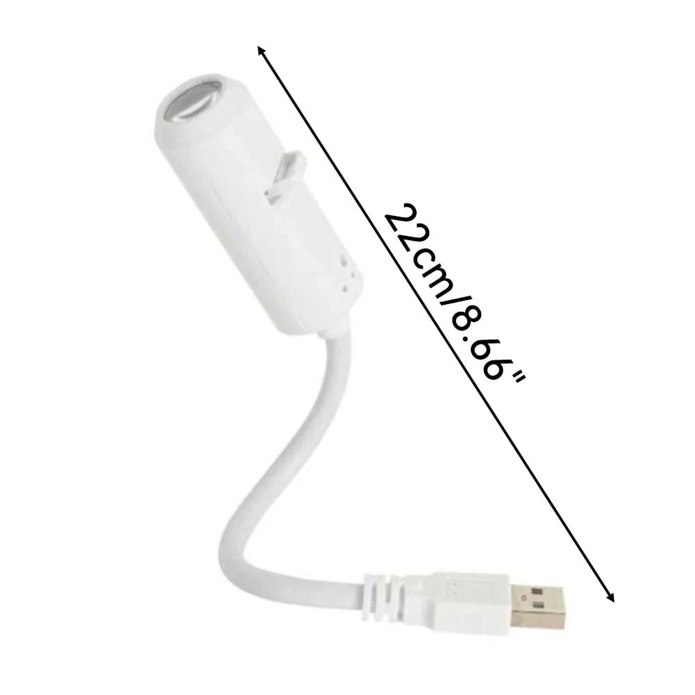 White usb-powered night light projector with a flexible cable and cylindrical head featuring interchangeable film discs.