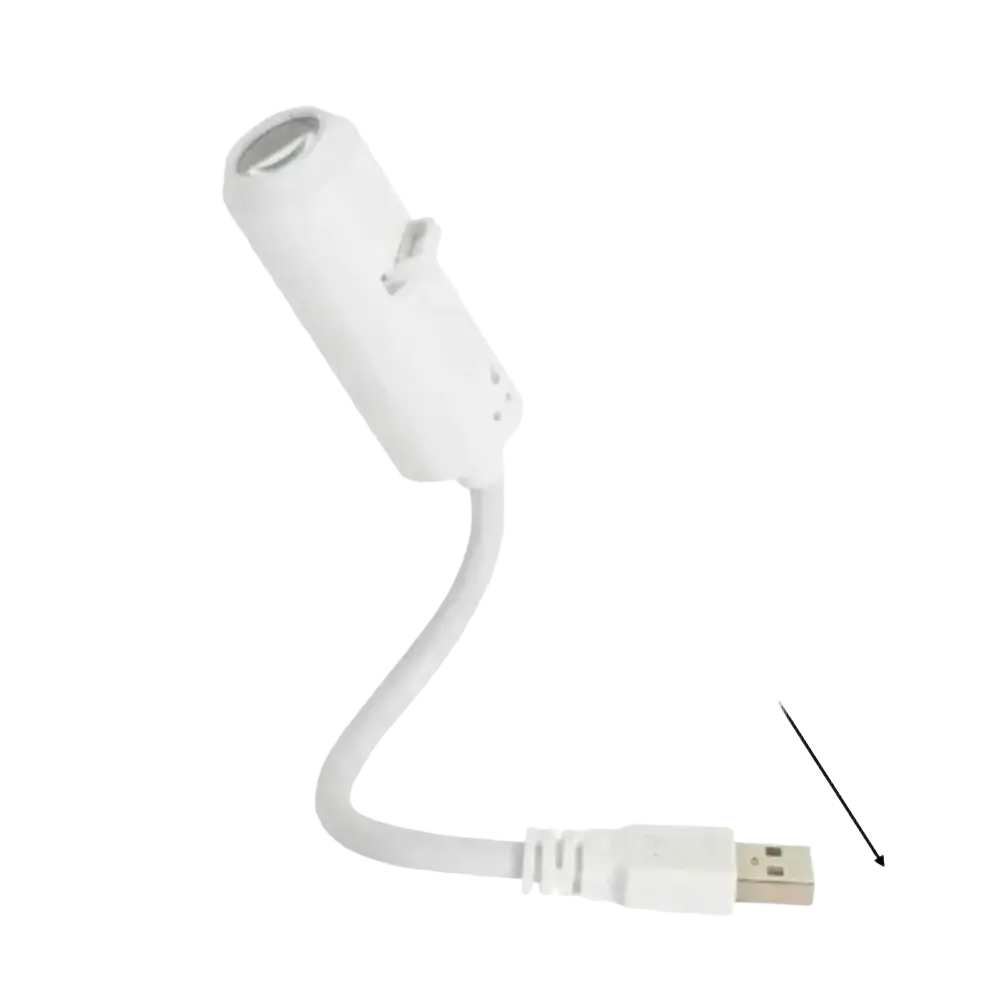 White usb-powered car projector with flexible cable and cylindrical head for night light with interchangeable film discs