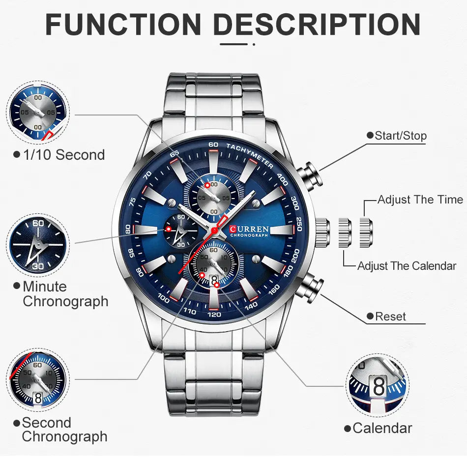 Silver-toned stainless steel Curren mens chronograph watch featuring a vibrant blue dial and multiple subdials.