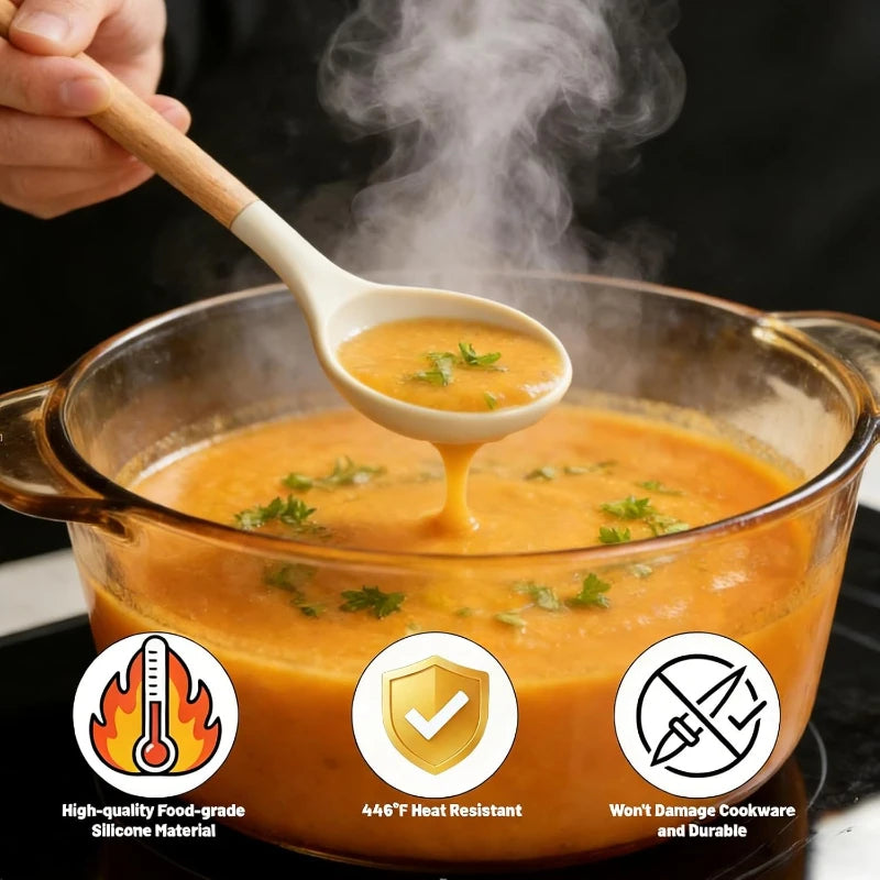 Wooden Handle Silicone Kitchen Utensils Set 14 Pieces Non-stick Cookware Tools with Storage Bucket Cooking Gadgets Organizer Set